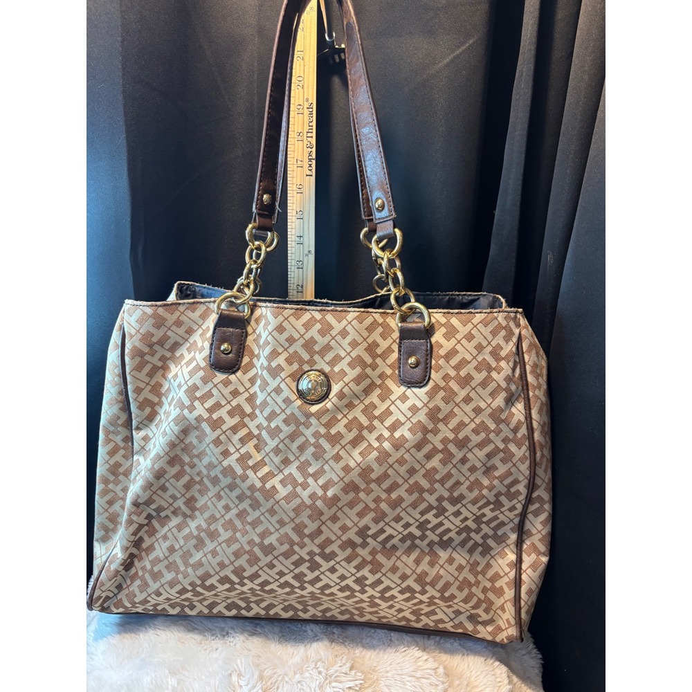 Tommy Hilfiger Monogram Tote Bag Brown Tan Gold Chain Hardware Large Handbag